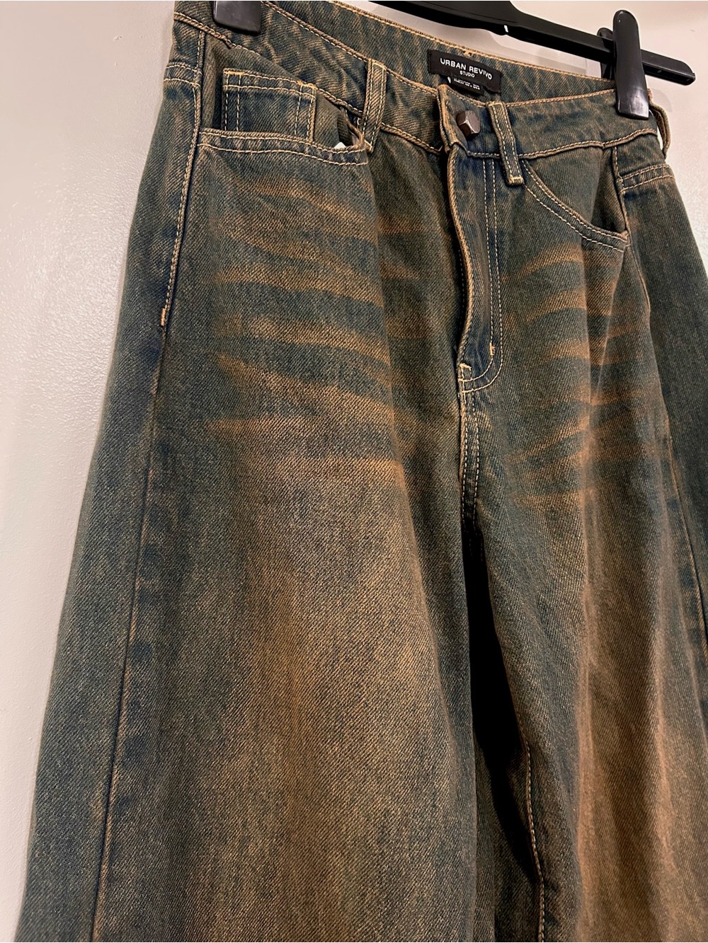Designer Edition Green-Brown Faded Enzyme Washed Effect Jeans with Metal